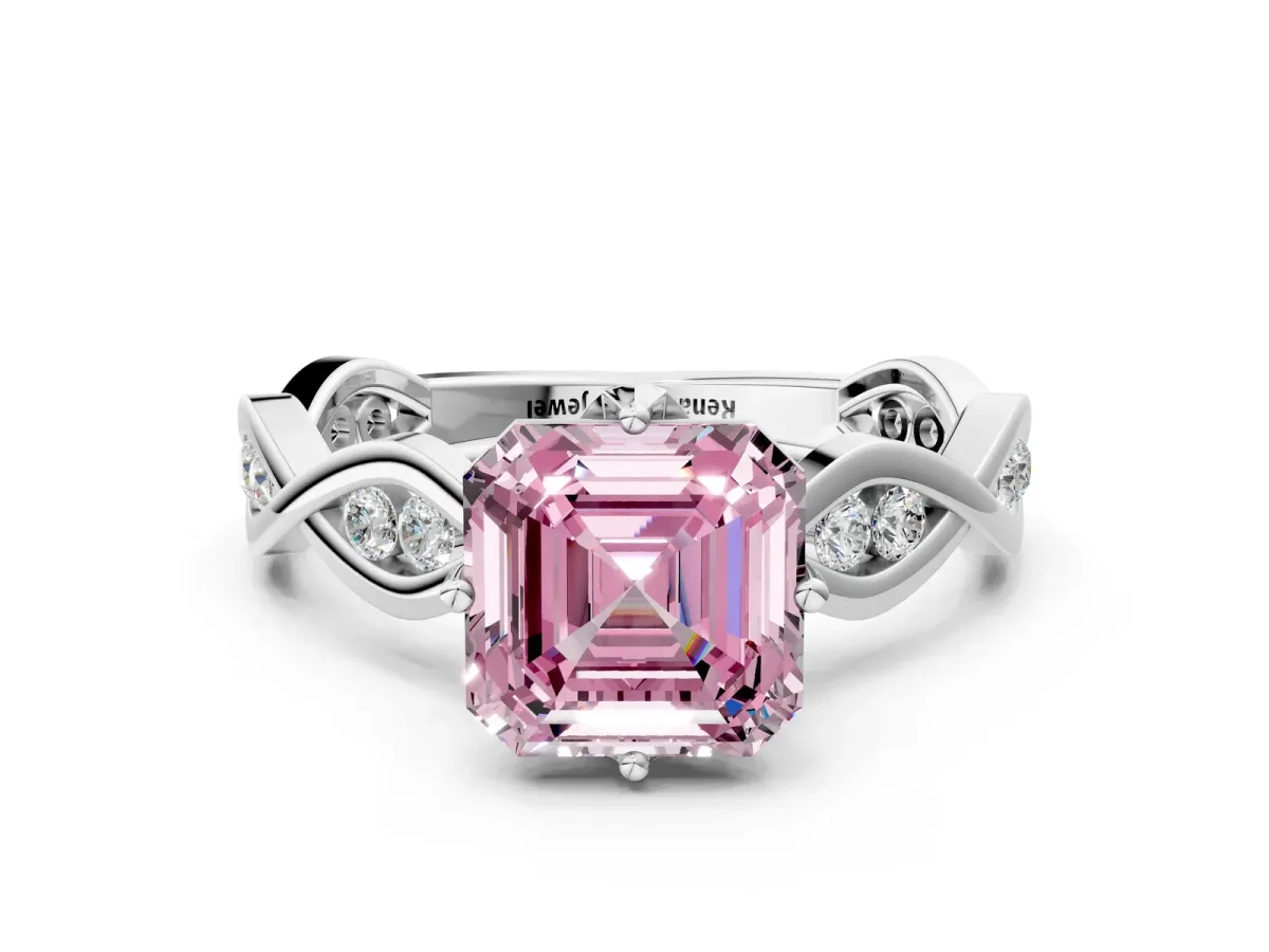 Fancy Pink Asscher Cut Solitaire Twist Band with Leaf Prong Setting Platinum