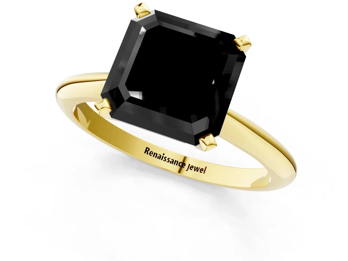 Fancy Black Asscher Cut Diamond Solitaire Engagement Ring with Classic Band and Four-Prong Setting Yellow gold