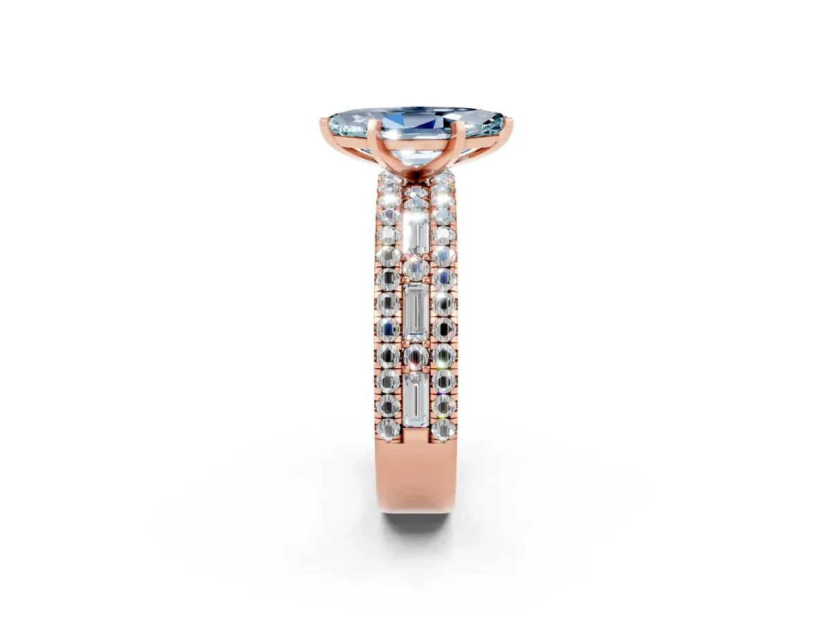 Marquise Cut Aquamarine Solitaire Ring with Pavé and Channel Set Band Rose gold