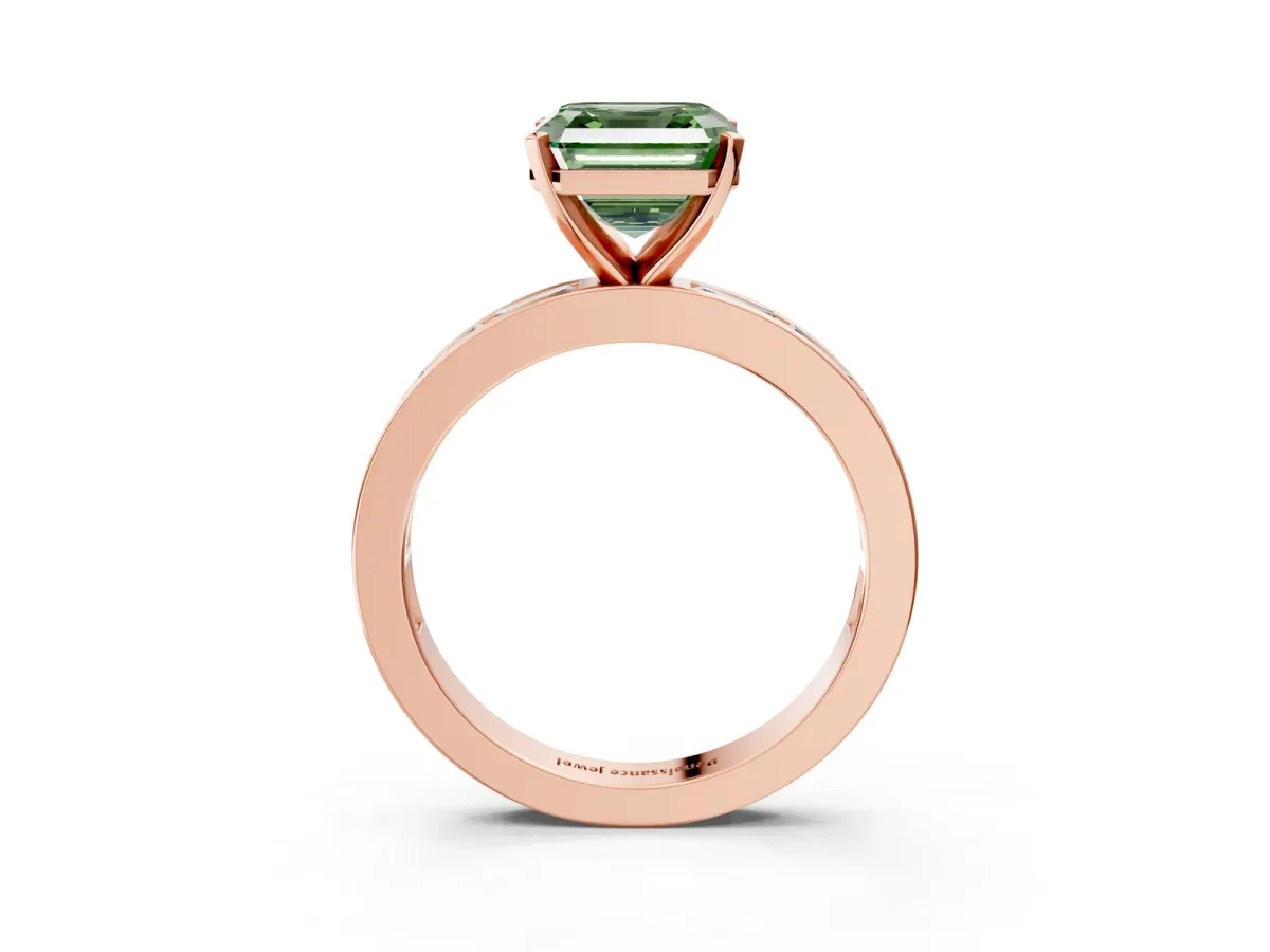 Fancy Green Asscher Cut Solitaire Diamond Ring with Channel-Set Baguette Band and Four-Prong Setting Rose gold
