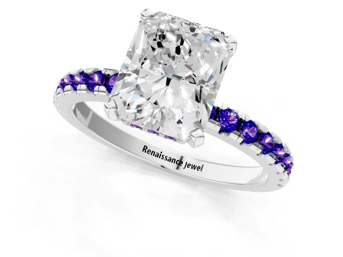Radiant Cut Diamond Solitaire Ring with Round Tanzanite Pavé Band and Four-Prong Setting White gold