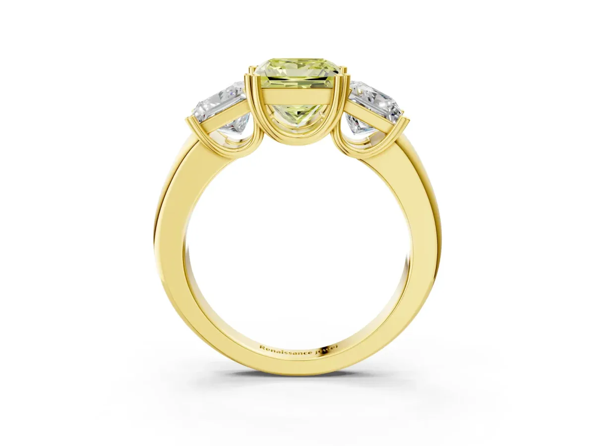 Fancy Yellow Three-Stone Princess Cut Cut Diamond Ring with Channel Set Band and Four-Prong Setting Yellow gold