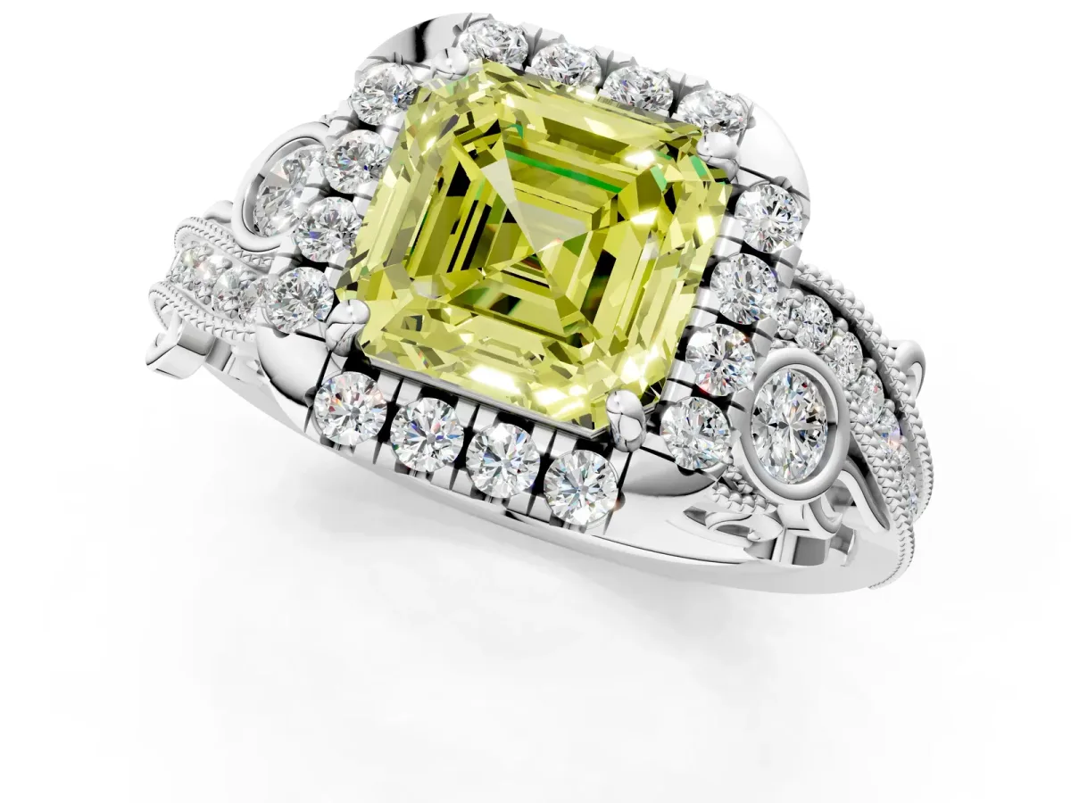 Fancy Yellow Asscher Cut Diamond Halo Ring with Milgrain Pavé Band and Four-Prong Setting White gold
