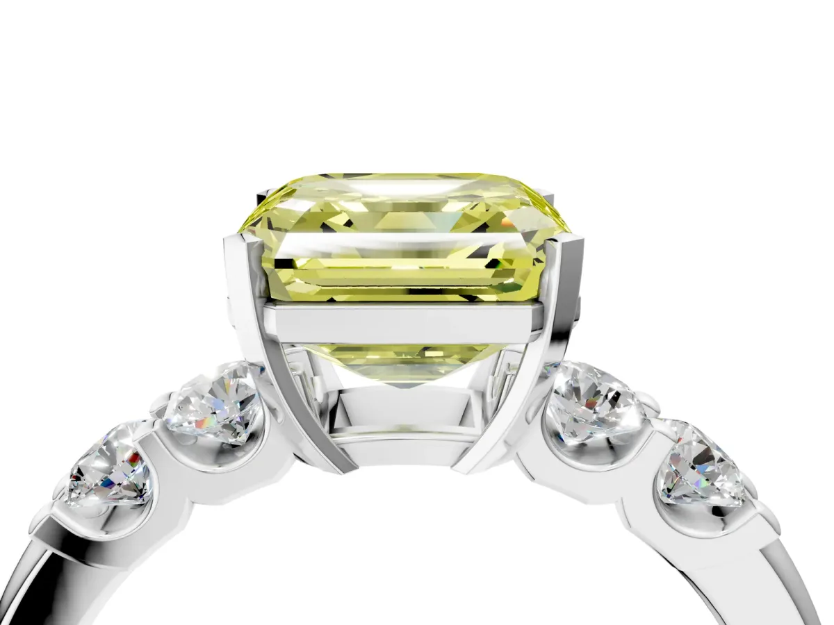 Fancy Yellow Asscher Cut Brilliant Cut Diamond Five-Stone Prong Set Engagement Ring with Channel Band Platinum