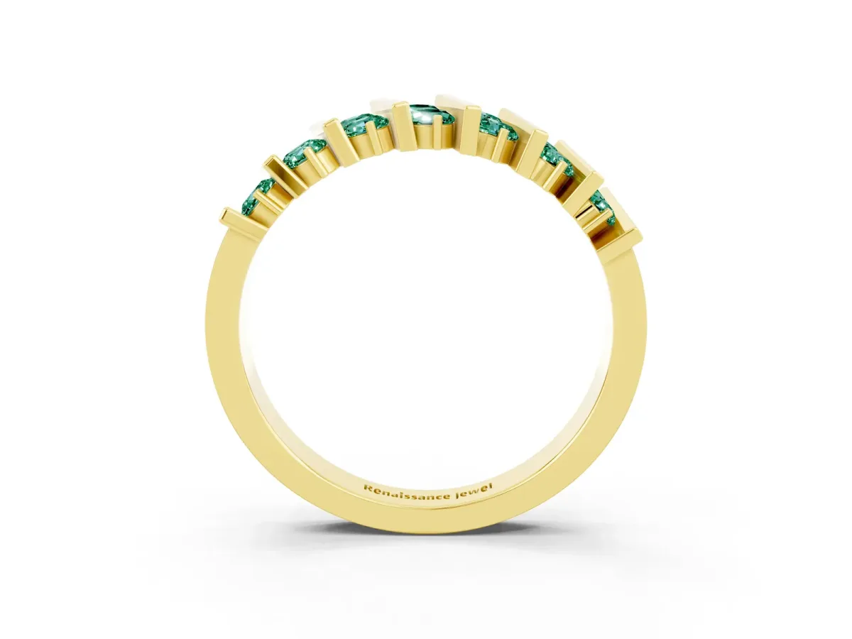 Channel Set Round Green Sapphire Anniversary Band with Vertical Prongs Yellow gold