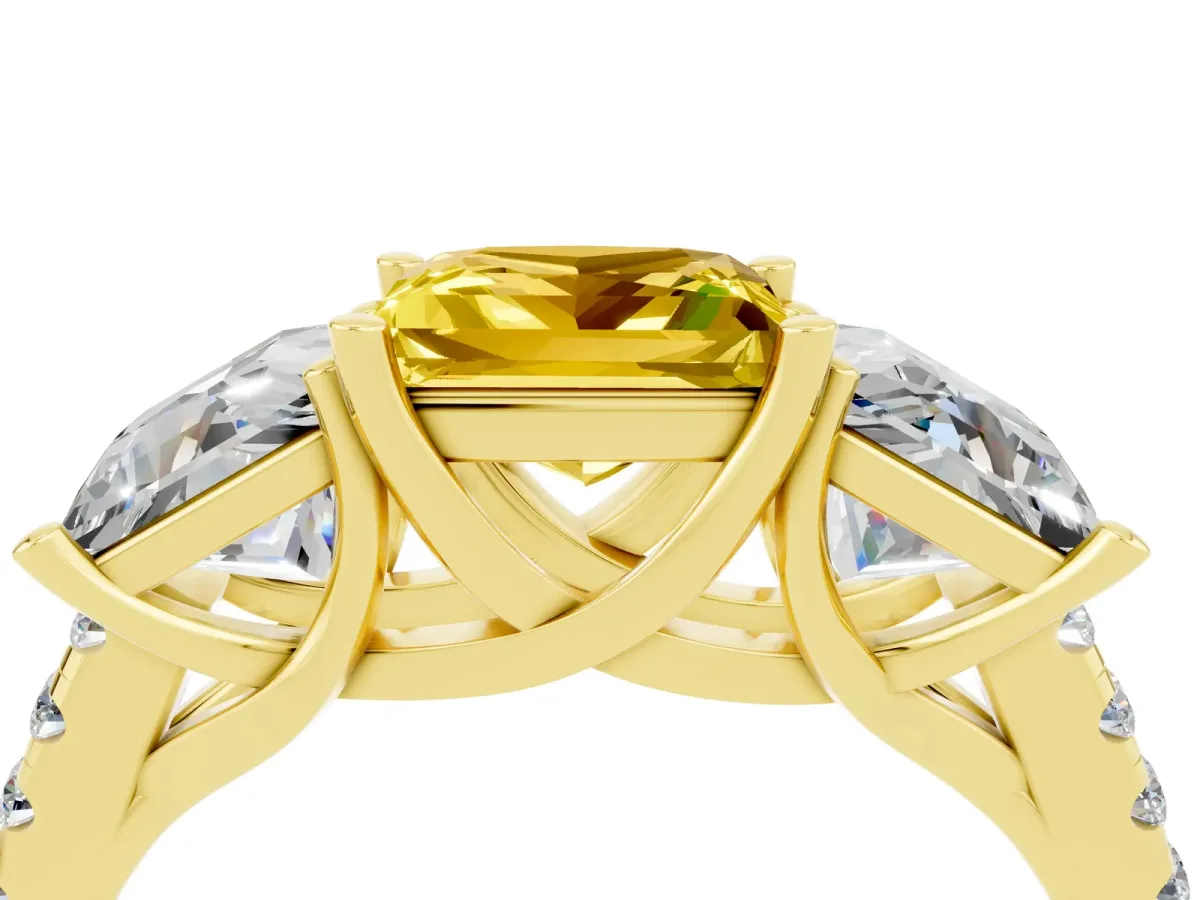 Three-Stone Princess Cut Yellow Sapphire Ring with Round Pavé Band and Prong Setting Yellow gold