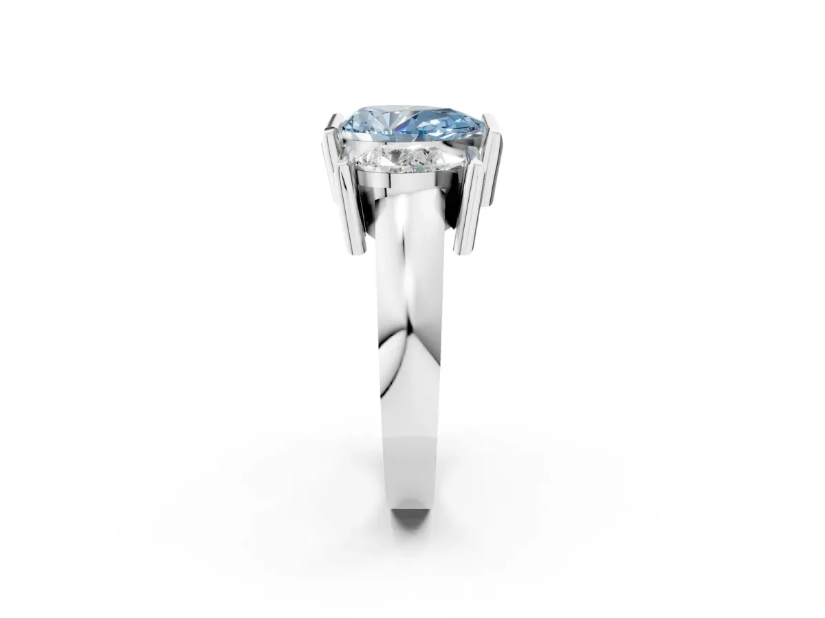 Fancy Blue Three Stone Pear Cut Cut Channel Set Diamond Ring Silver
