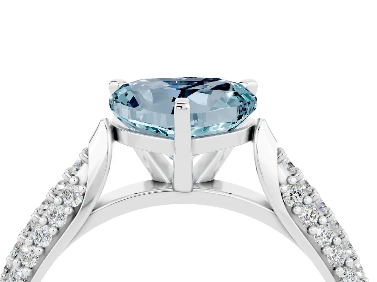 Heart Cut Aquamarine Solitaire Engagement Ring with Multi-Row Round Pavé Band and Prong Setting Platinum