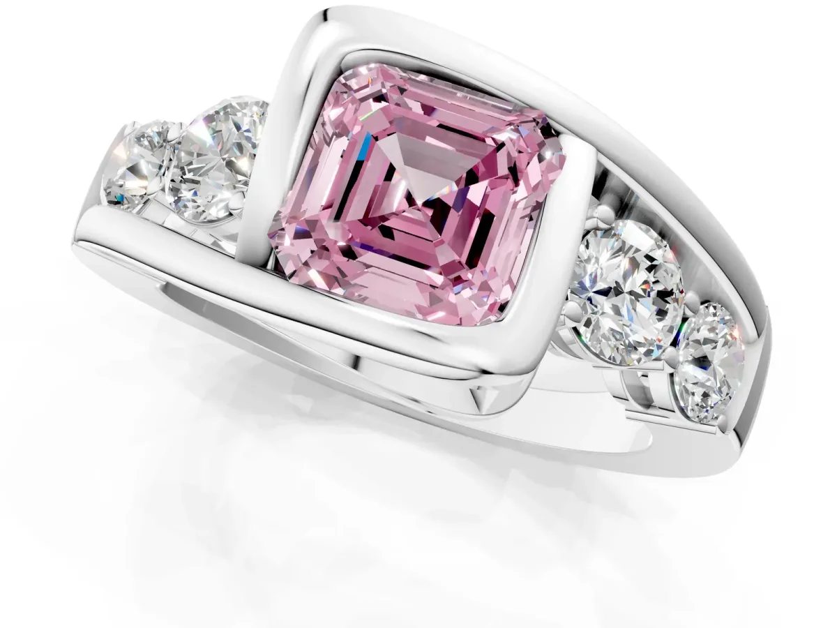 Fancy Pink Bezel Set Asscher Cut Diamond Bypass Ring with Round Accents White gold