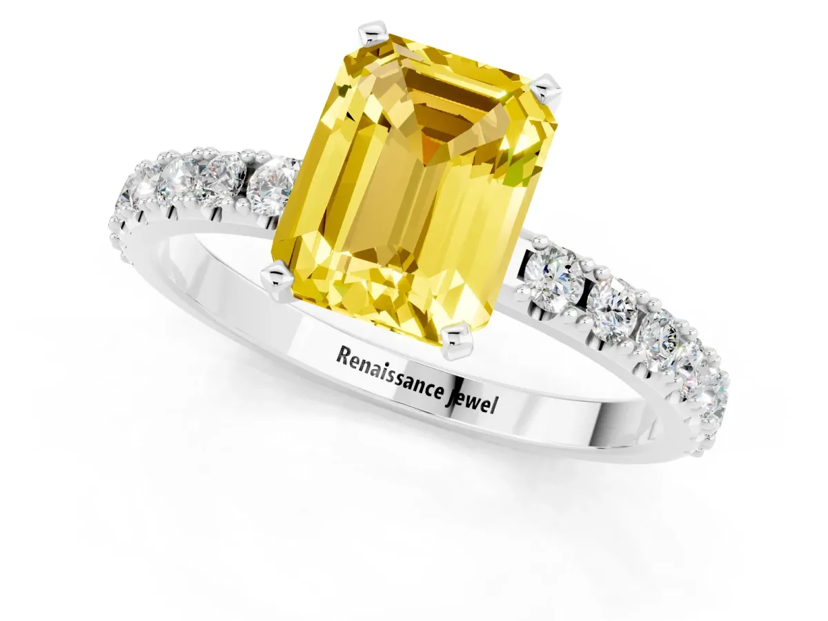 Emerald Cut Yellow Sapphire Solitaire Pavé Band with Four-Prong Setting Platinum
