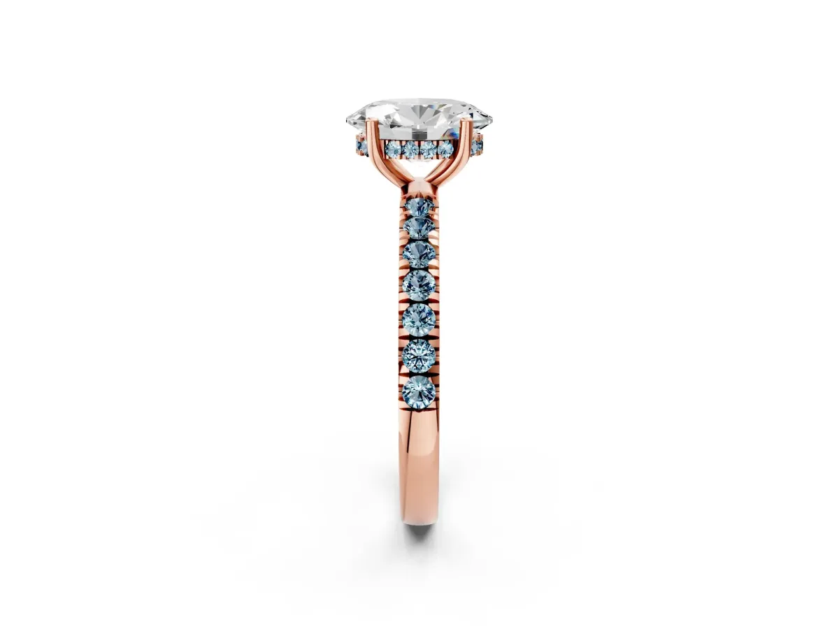 Oval Cut Diamond Pave Band Solitaire Ring with Round Aquamarine and Prong Setting Rose gold