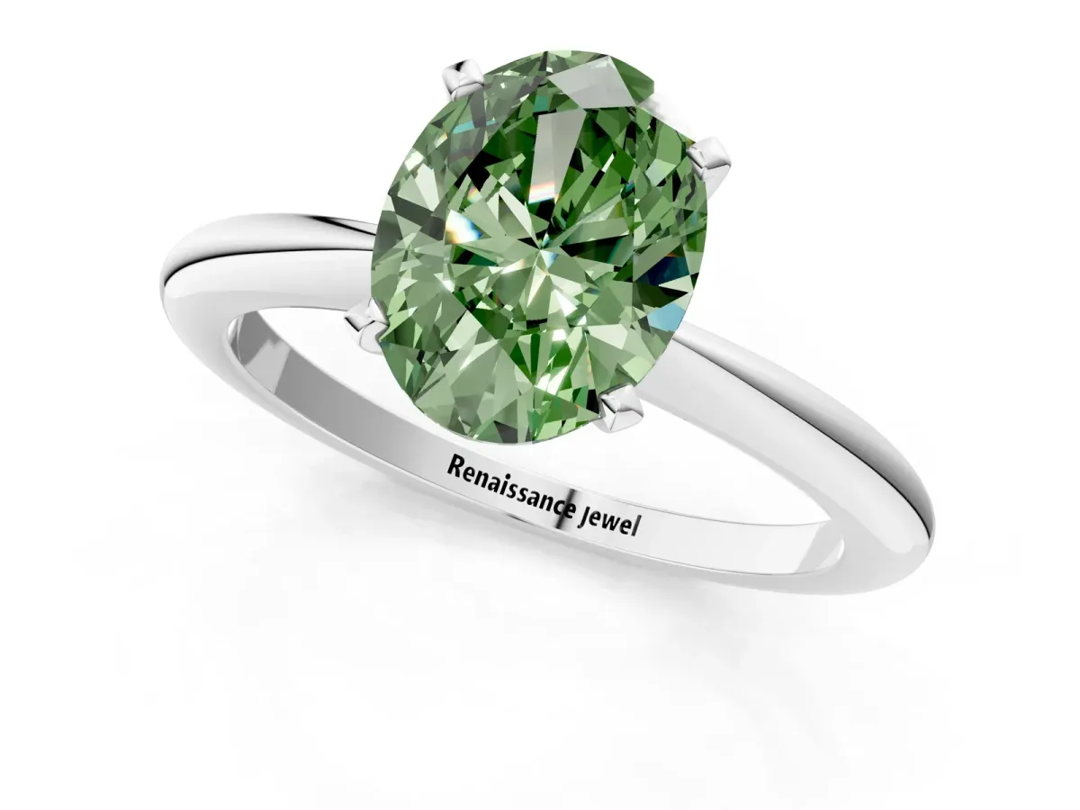 Fancy Green Oval Cut Diamond Solitaire Ring with Six-Prong Setting and Classic Band Platinum