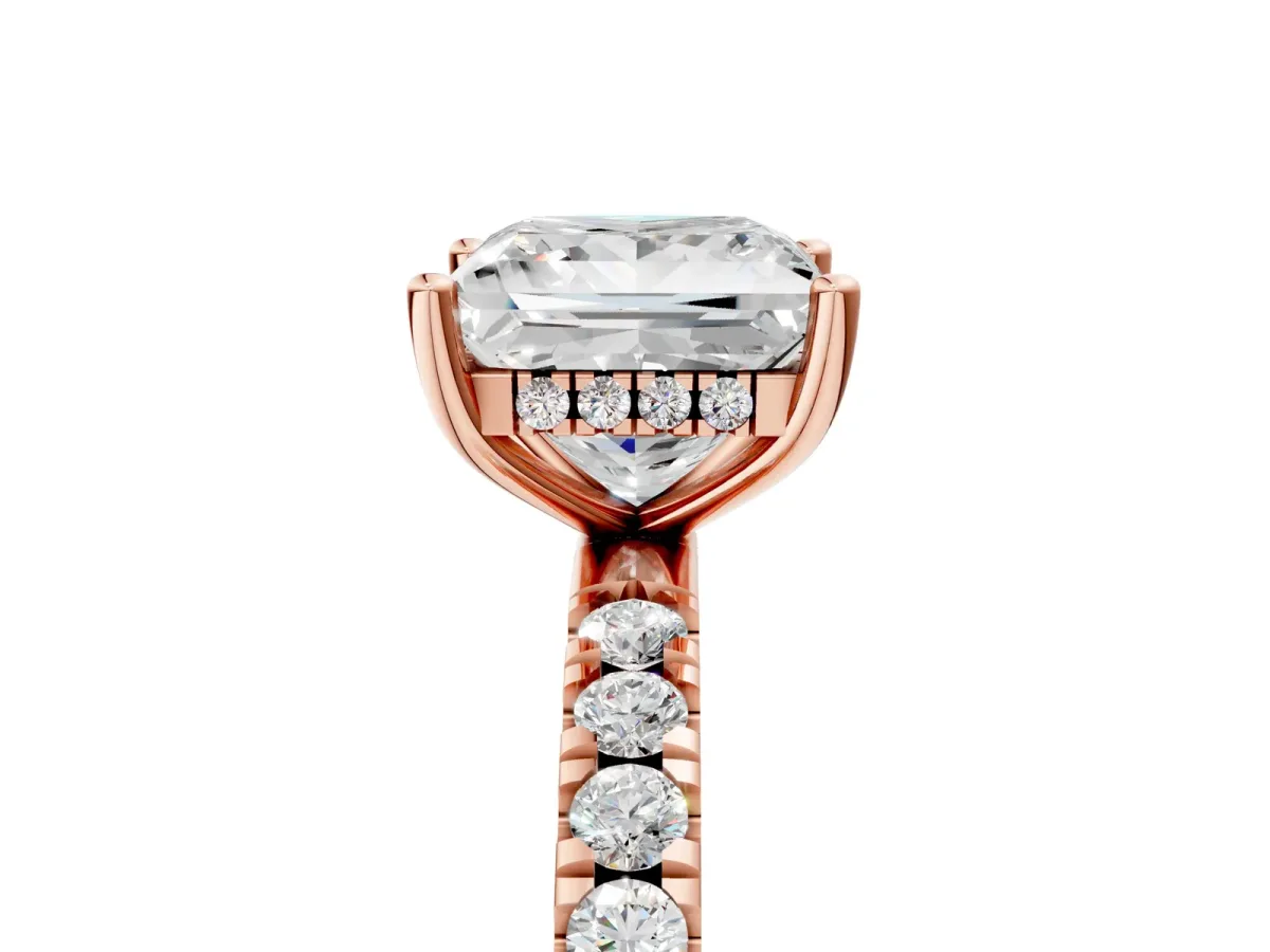 Princess Cut Diamond Pave Band Solitaire Ring with Round Moissanite and Prong Setting Rose gold