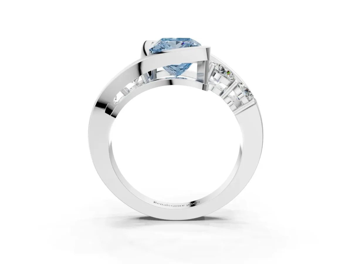 Fancy Blue Bezel Set Princess Cut Diamond Bypass Ring with Round Accents Silver