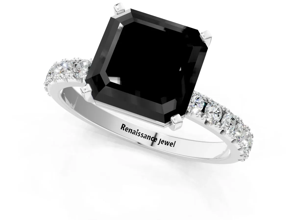Fancy Black Asscher Cut Diamond Solitaire Pavé Band with Four-Prong Setting Silver