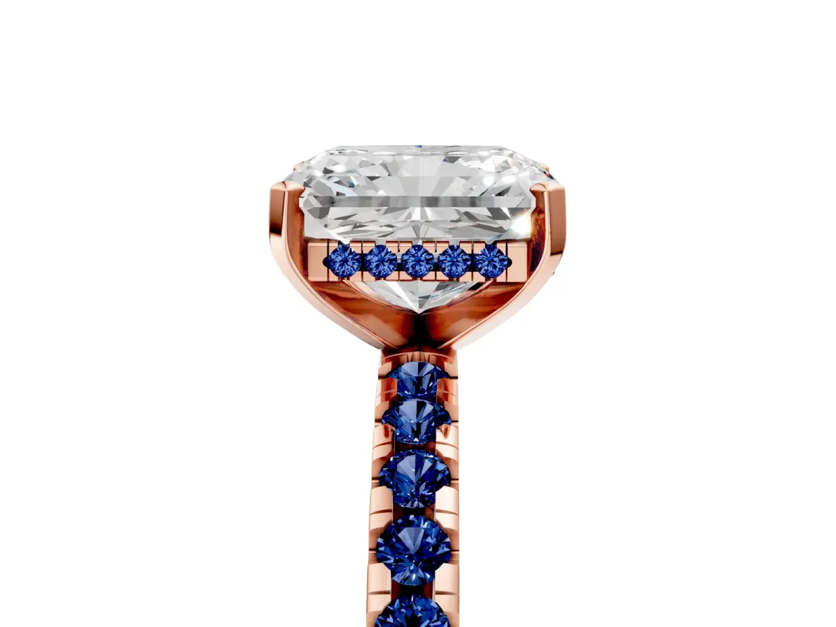 Radiant Cut Diamond Solitaire Ring with Round Blue Sapphire Pavé Band and Four-Prong Setting Rose gold