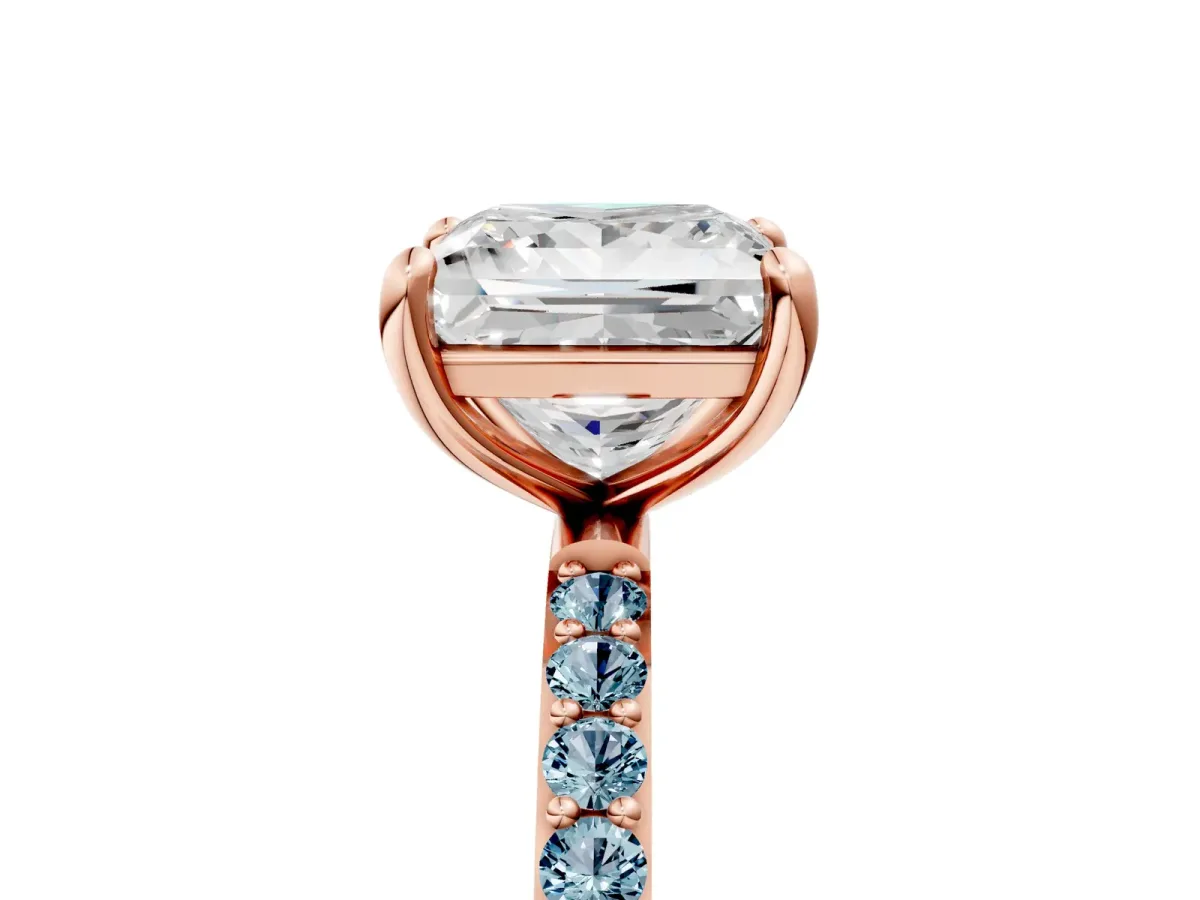Princess Cut Diamond Solitaire Ring with Round Aquamarine Pavé Band and Prong Setting Rose gold