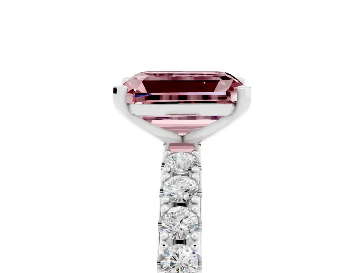 Emerald Cut Morganite Solitaire Pavé Band with Four-Prong Setting Silver