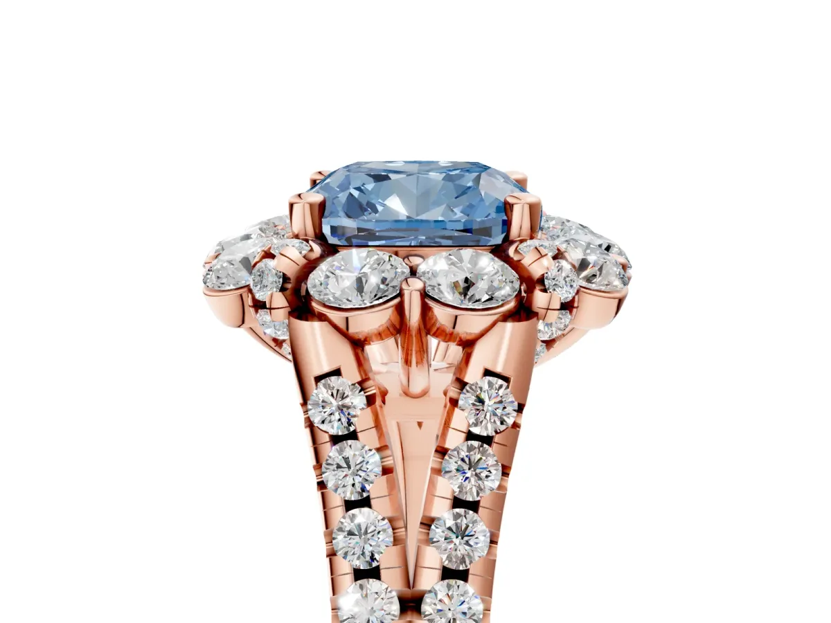 Fancy Blue Cushion Cut Halo Split Shank Diamond Engagement Ring with Pave Band and Four-Prong Setting Rose gold