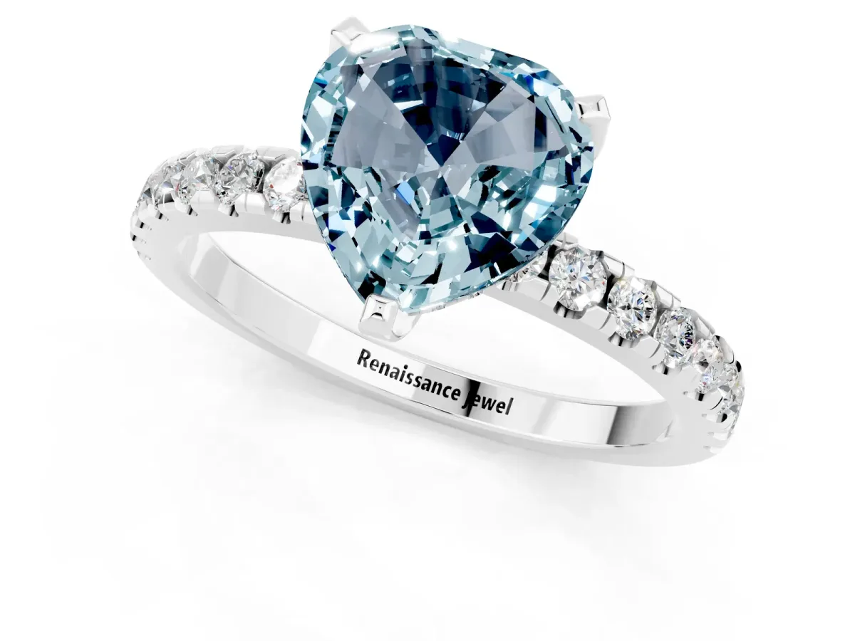 Heart Cut Aquamarine Solitaire Ring with Round Pavé Band and Four-Prong Setting White gold