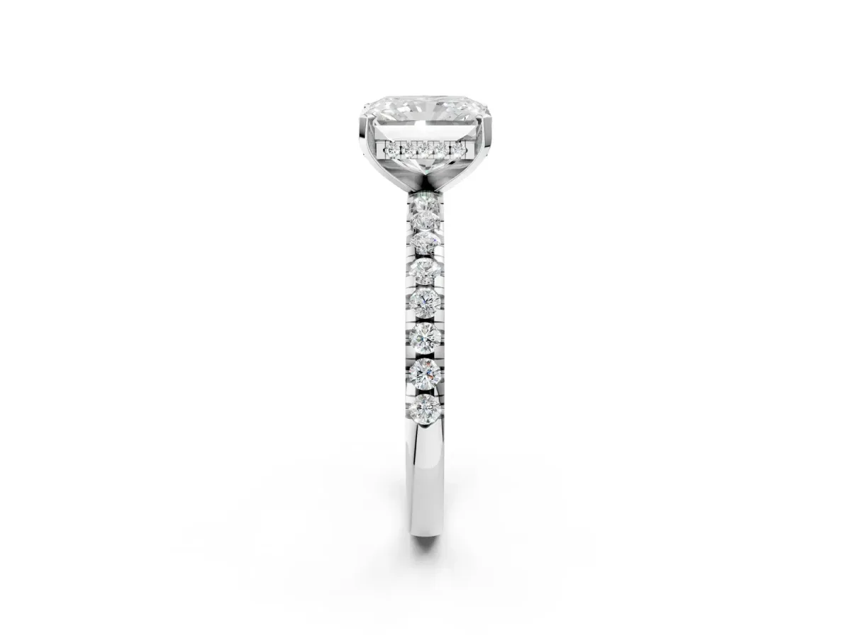 Radiant Cut Diamond Solitaire Ring with Round Moissanite Pavé Band and Four-Prong Setting White gold