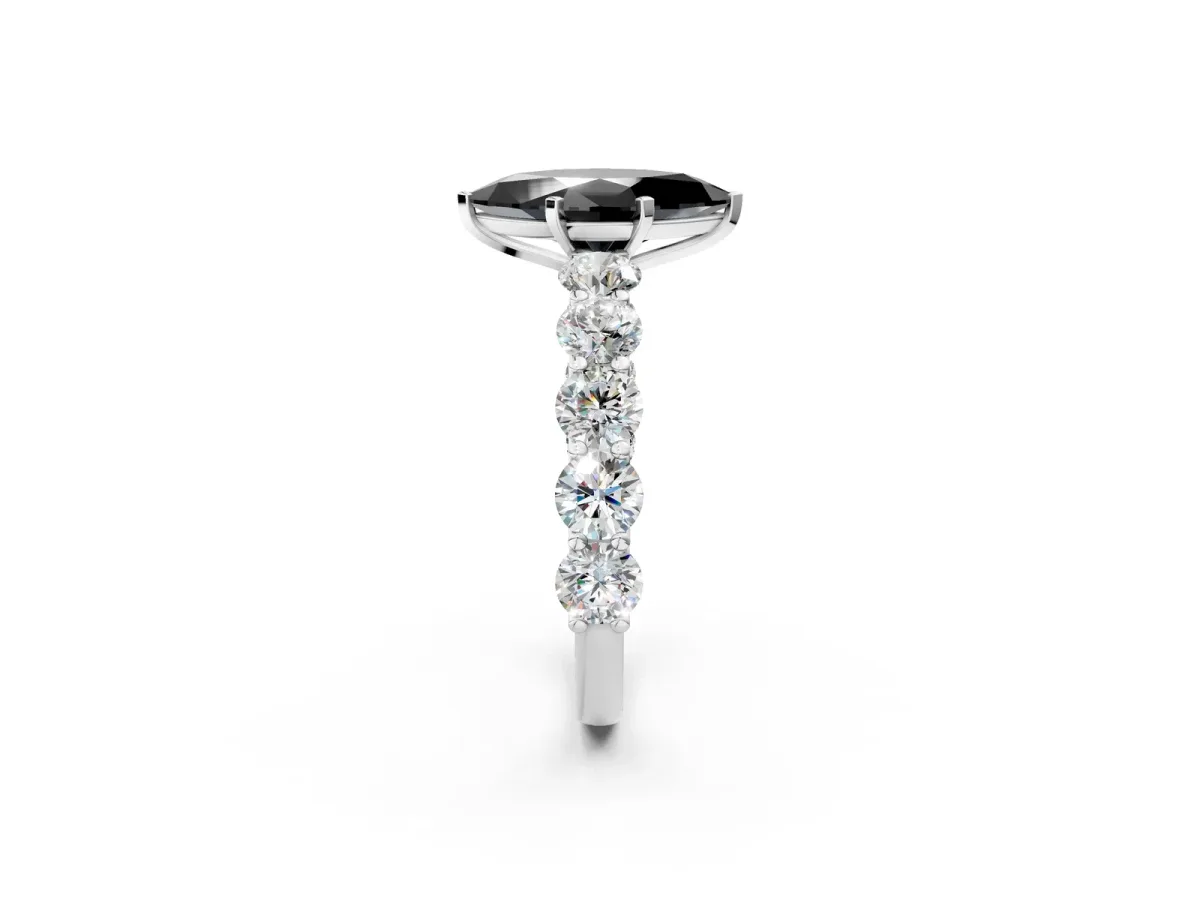Fancy Black Marquise Cut Diamond Prong Setting with Side Stones on a Pave Band Silver