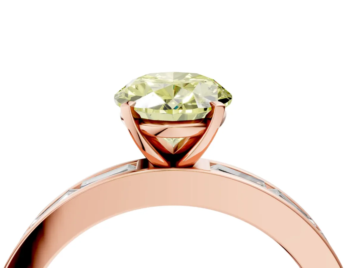 Fancy Yellow Oval Cut Solitaire Diamond Ring with Channel-Set Baguette Band and Four-Prong Setting Rose gold