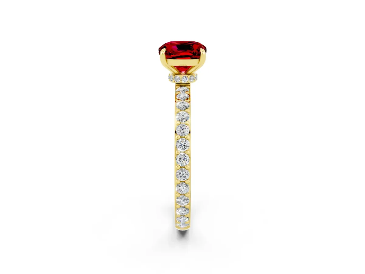 Cushion Cut Ruby Solitaire Engagement Ring with Pavé Band and Four-Prong Setting Yellow gold