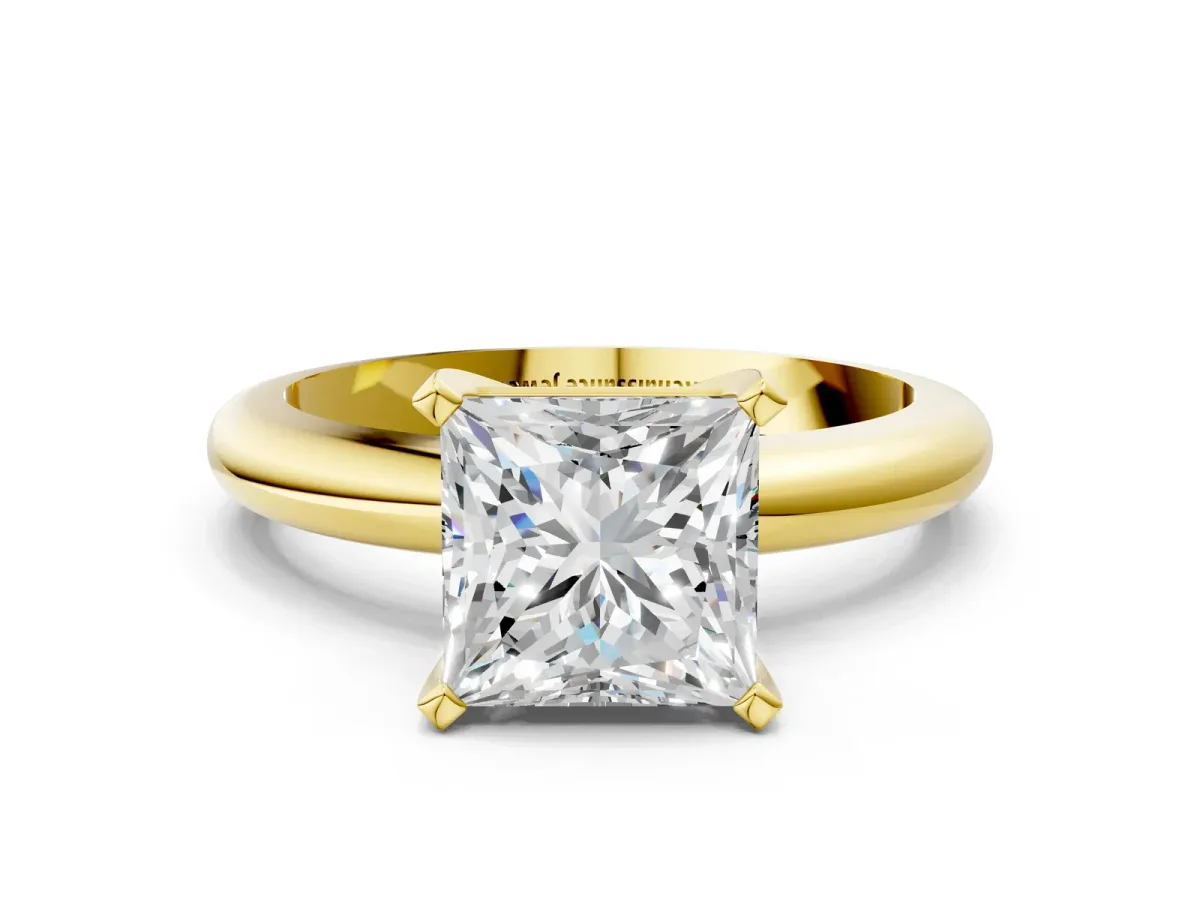 Princess Cut Diamond Solitaire Engagement Ring with Round Band and Four-Prong Setting Yellow gold