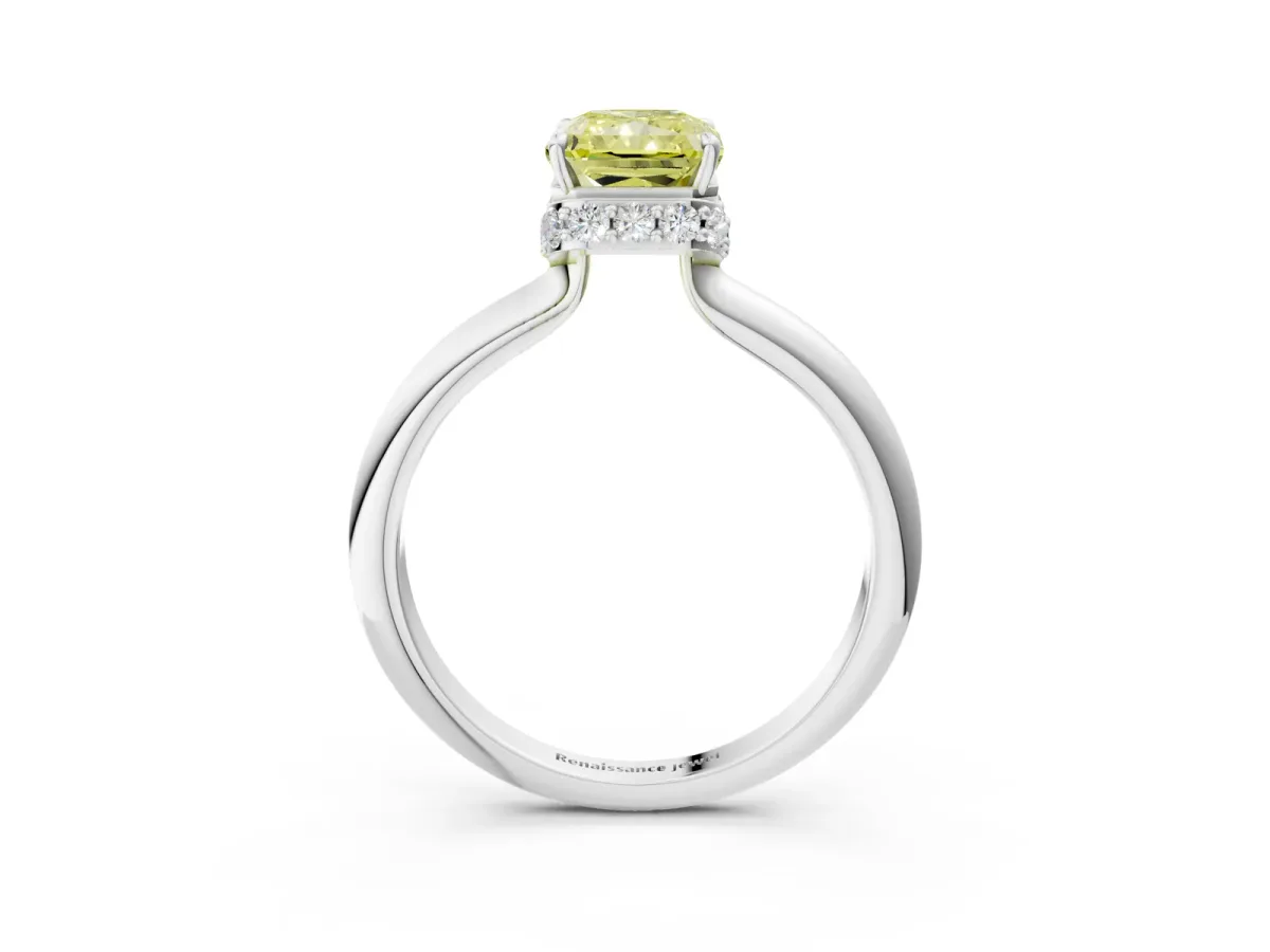Fancy Yellow Radiant Cut Brilliant Solitaire Engagement Ring with Six-Prong Setting and Classic Band Platinum