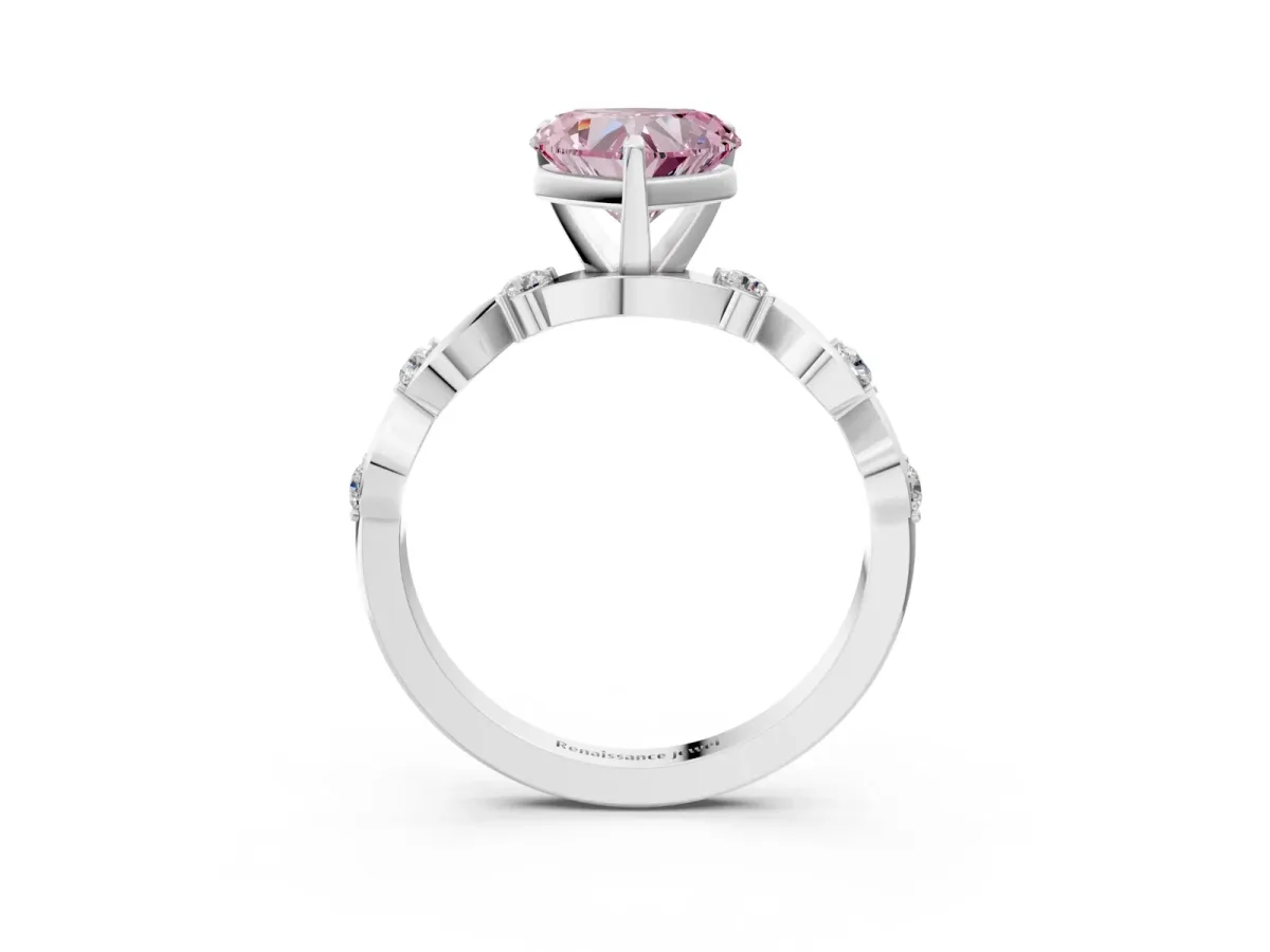 Fancy Pink Heart Cut Diamond Solitaire Twisted Band with Round Accents and Prong Setting White gold