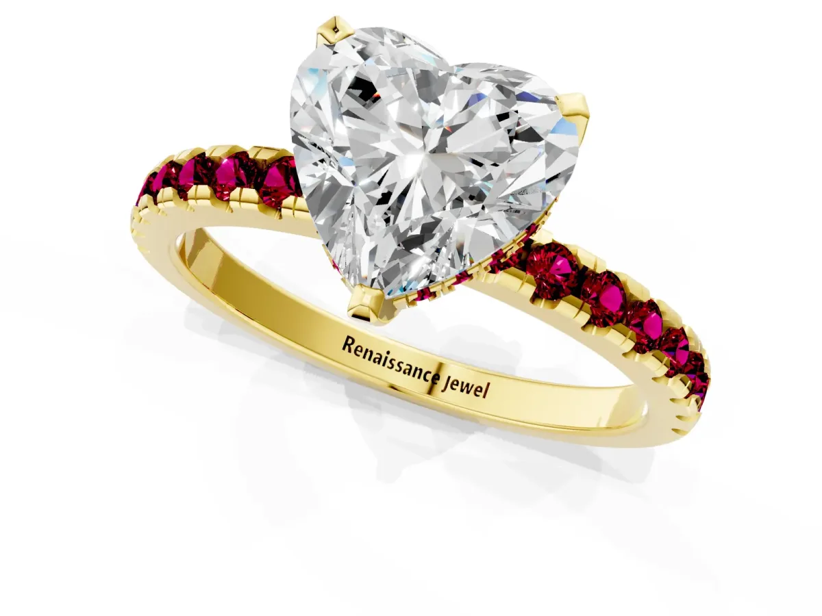 Heart Cut Diamond Solitaire Ring with Round Garnet Pavé Band and Four-Prong Setting Yellow gold