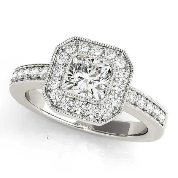 Cushion Cut-Cut Diamond Halo Engagement Ring with Pave Band and Prong Setting White gold