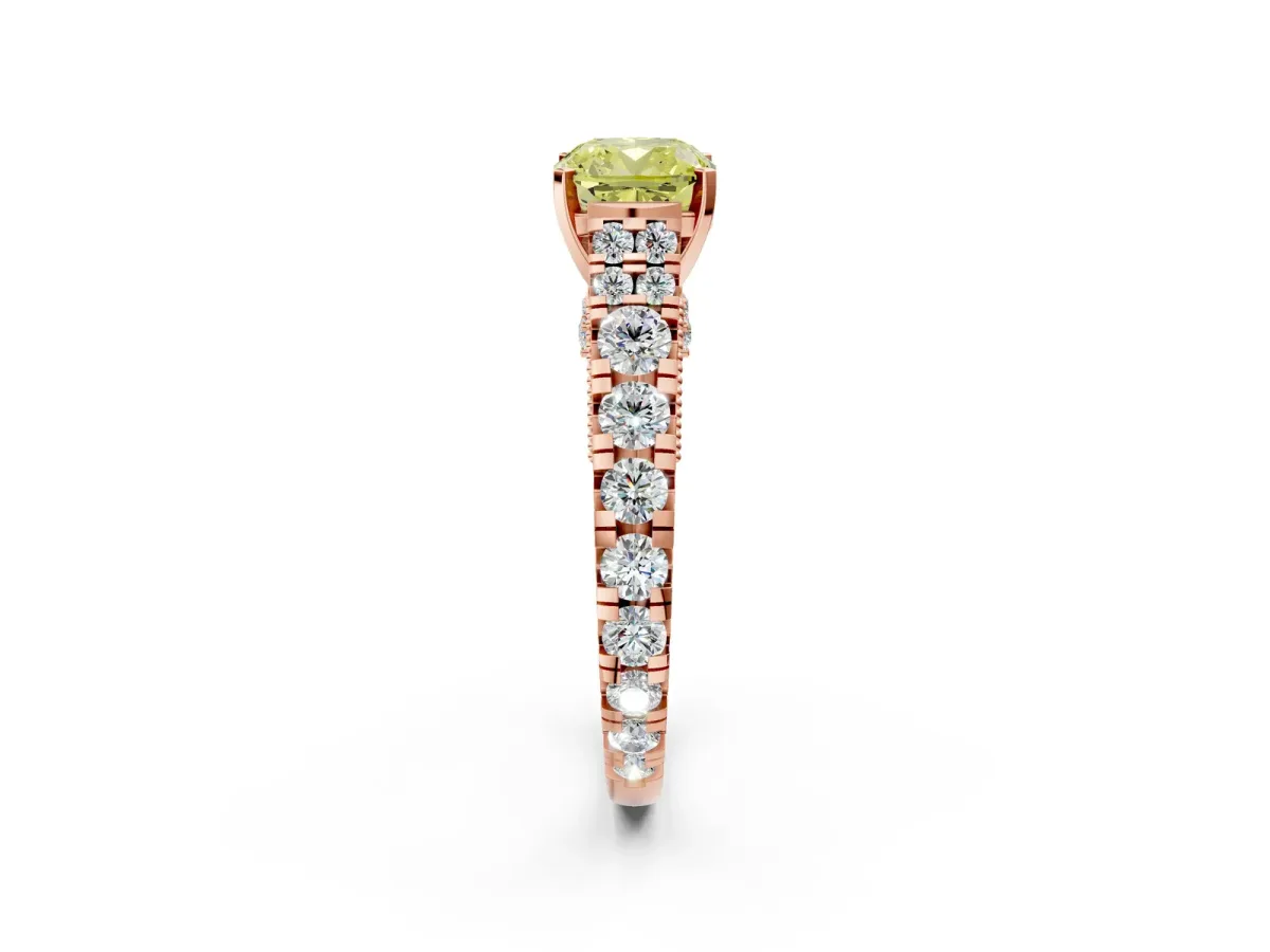 Fancy Yellow Cushion Cut Diamond Classic Solitaire Ring with Pavé Band and Four-Prong Setting Rose gold