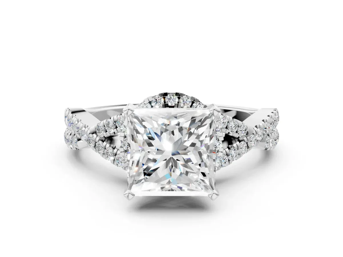 Princess Cut Diamond Moissanite Halo Twist Band Solitaire Prong Setting Ring White gold