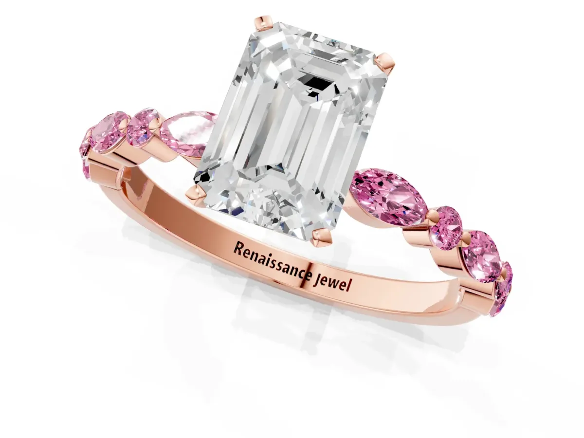 Emerald Cut Diamond Ring with Marquise and Round Pink Sapphire Side Stones and Four-Prong Setting Rose gold
