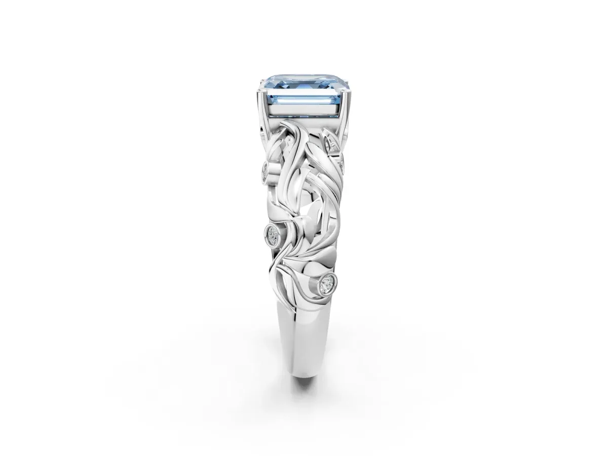 Fancy Blue Asscher Cut Solitaire Diamond Leaf-Inspired Vine Band Ring with Prong Setting Platinum