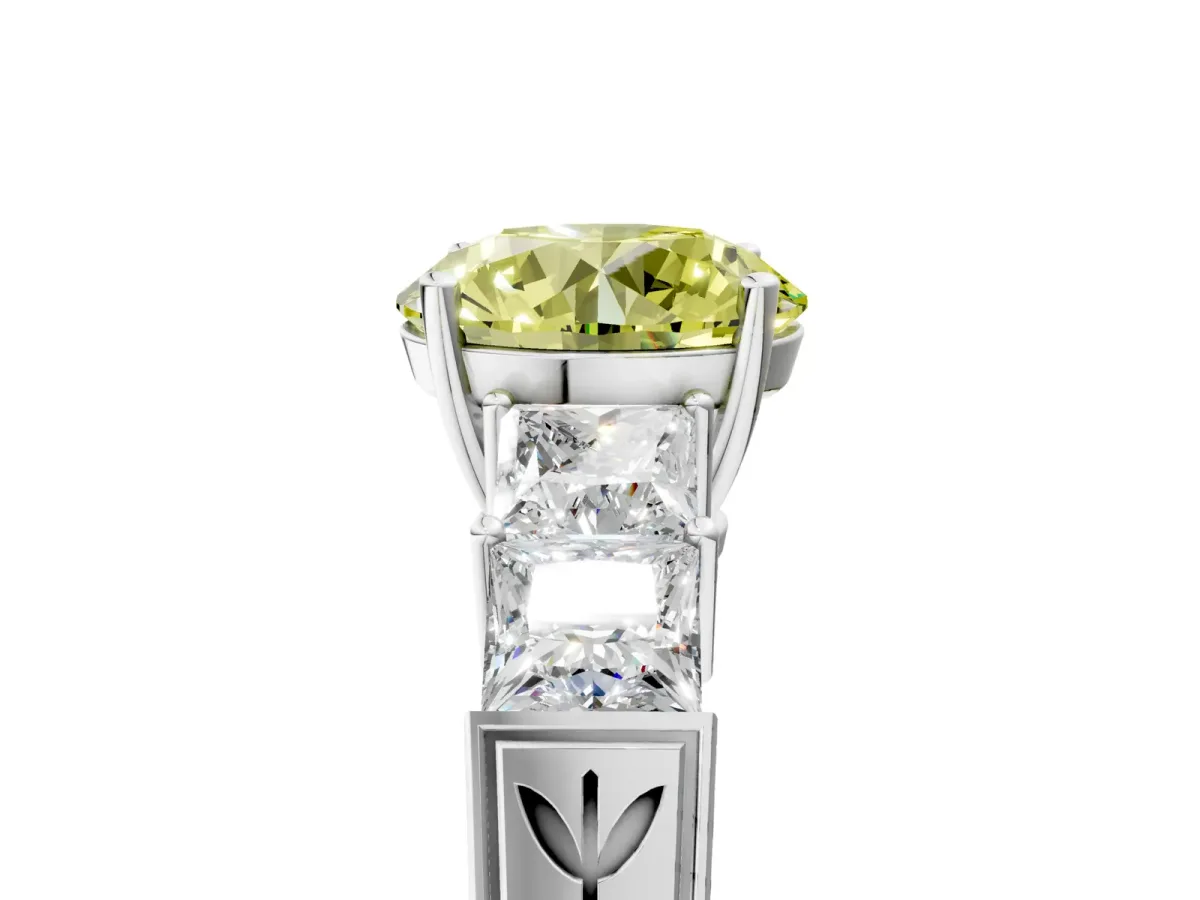 Fancy Yellow Round Cut Solitaire Princess Side Stone Engraved Band Prong Setting Ring Silver