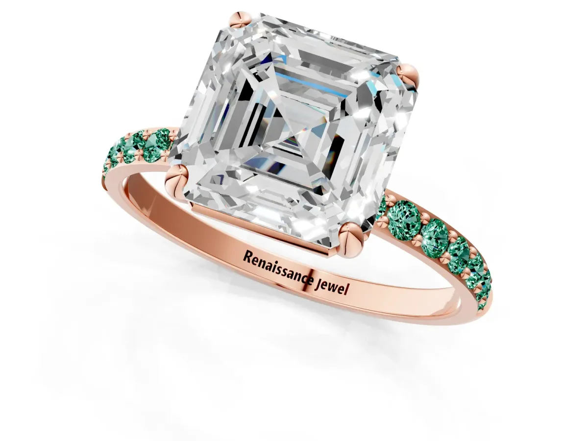 Asscher Cut Diamond Solitaire Ring with Round Green Sapphire Pavé Band and Prong Setting Rose gold