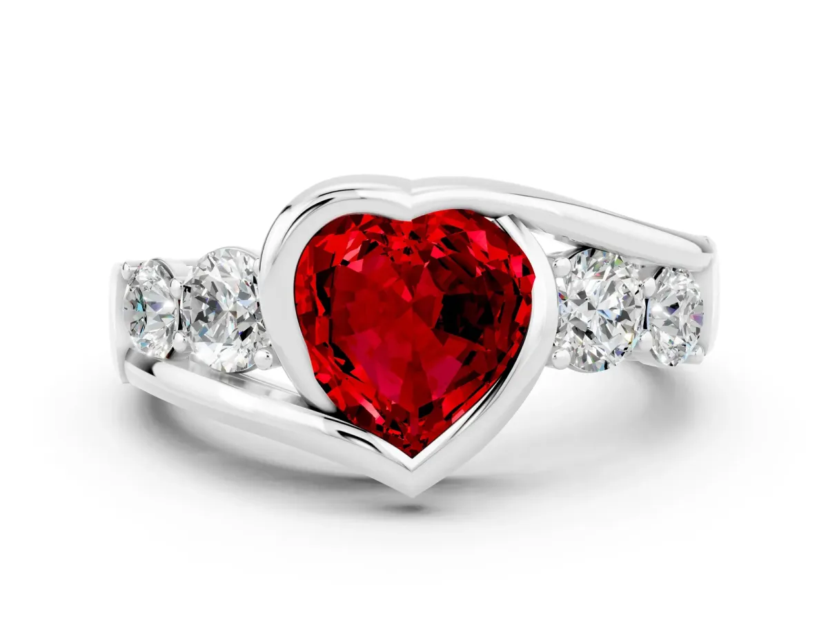 Bezel Set Heart Cut Ruby Bypass Ring with Round Accents Silver