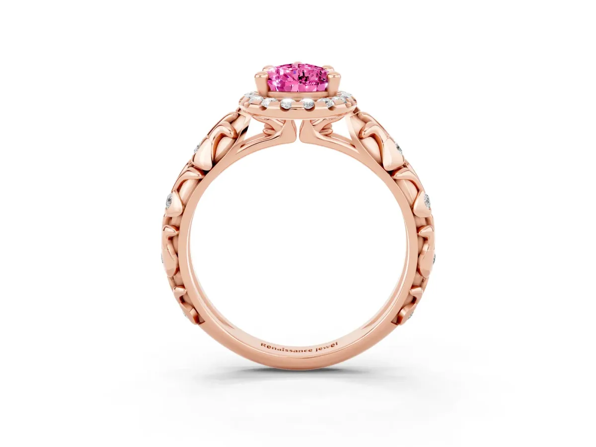 Pear Cut Pink Sapphire Halo Ring with Filigree Band and Prong Setting Rose gold