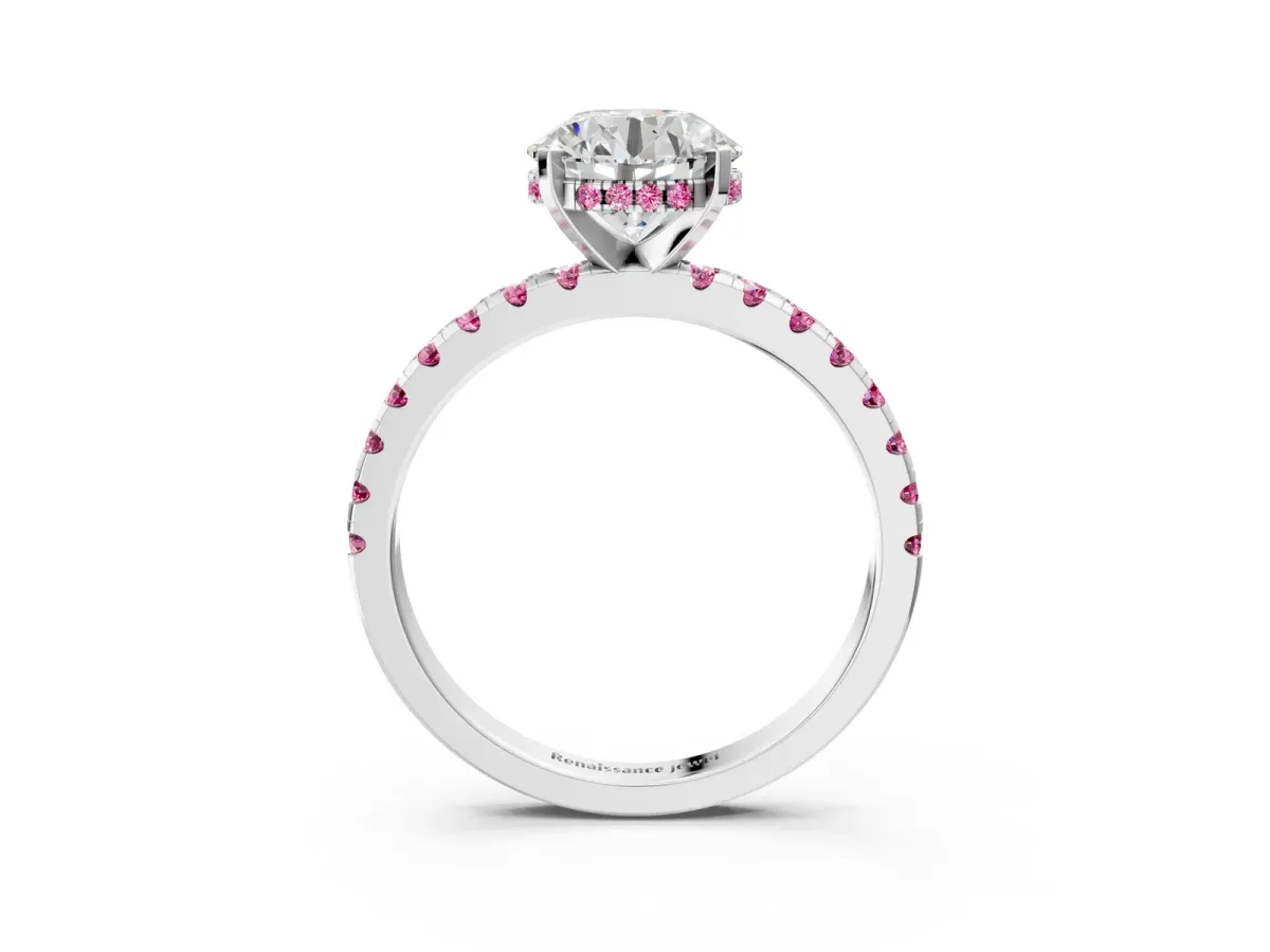 Round Cut Diamond Solitaire Ring with Round Pink Sapphire Pavé Band and Four-Prong Setting White gold