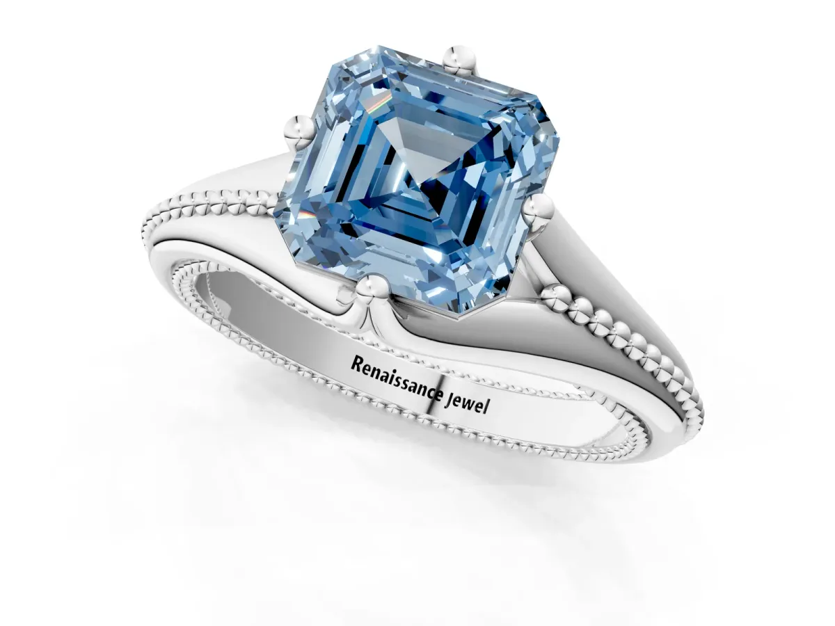 Fancy Blue Asscher Cut Solitaire Beaded Band Six-Prong Setting Platinum