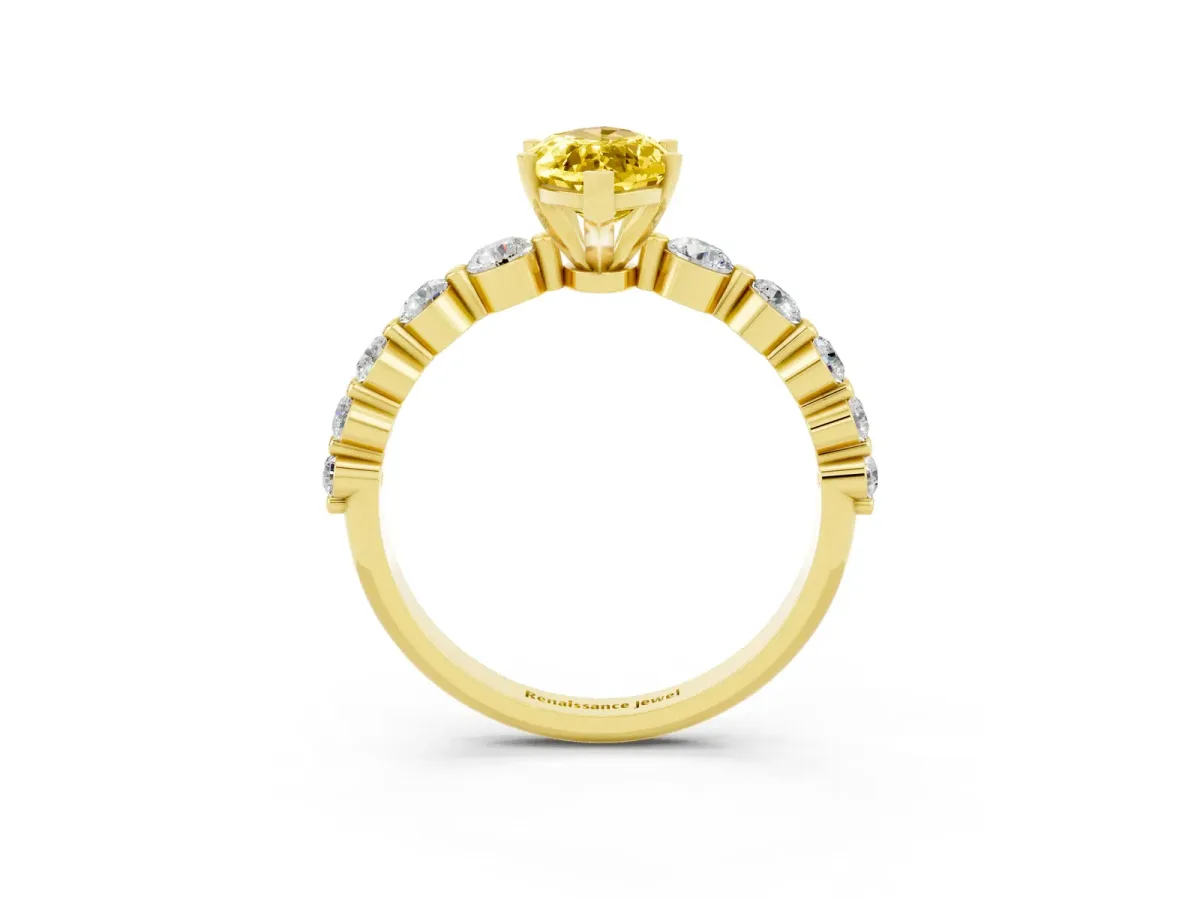 Marquise Cut Solitaire Yellow Sapphire Ring with Pave Band and Four-Prong Setting Yellow gold