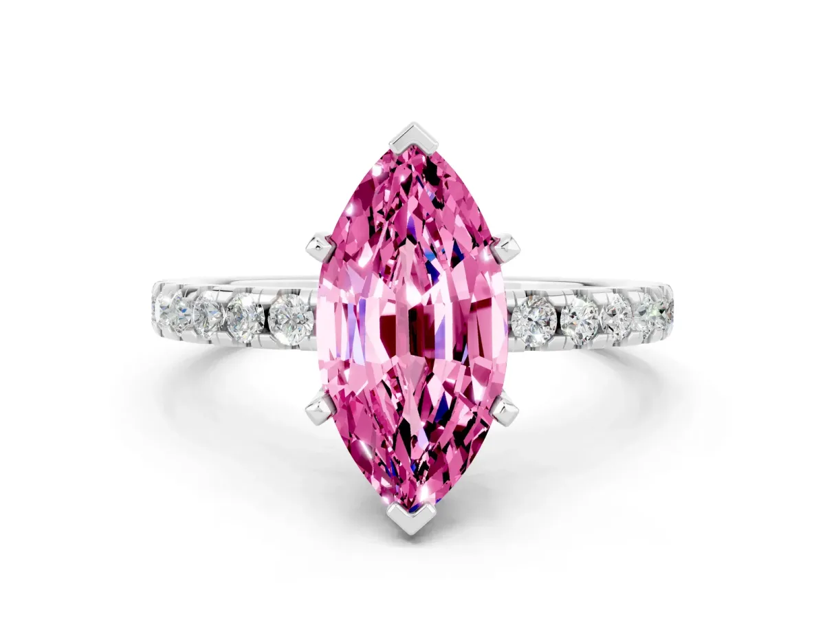 Marquise Cut Pink Sapphire Solitaire Ring with Round Pavé Band and Four-Prong Setting Silver