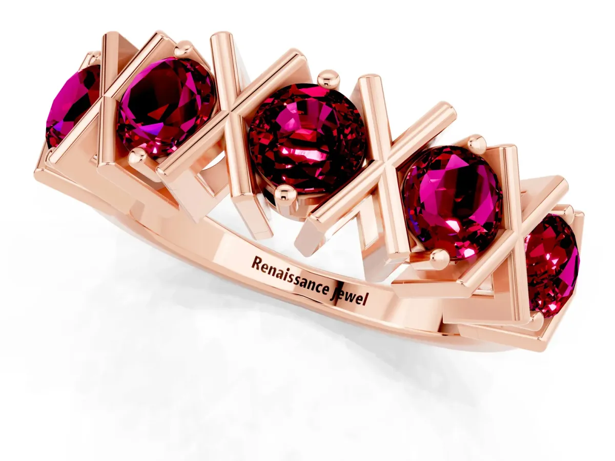 Round Garnet Channel Set Band with X-Prong Detail Rose gold