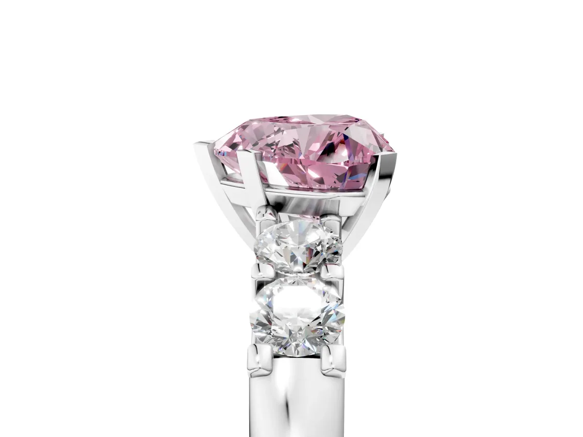Fancy Pink Heart Cut Brilliant Cut Diamond Five-Stone Prong Set Engagement Ring with Channel Band Platinum