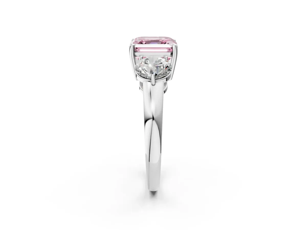 Fancy Pink Asscher Cut Diamond Three-Stone Ring with Prong Setting and Classic Band Platinum