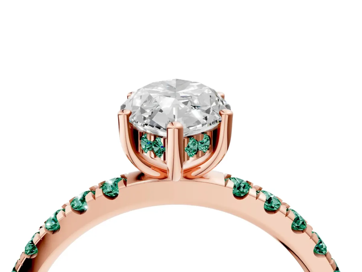 Marquise Cut Diamond Pave Band Solitaire Ring with Round Green Sapphire and Prong Setting Rose gold