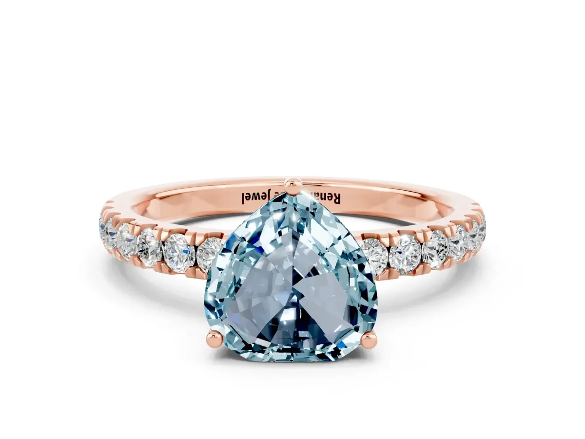 Heart Cut Aquamarine Pave Band Solitaire Ring with Round and Prong Setting Rose gold